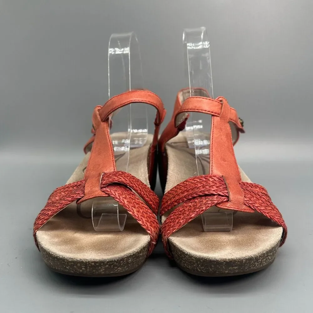 Abeo Urmy Women's 7 Orange Woven Leather Cork Hook & Loop T-Strap Wedge Sandals